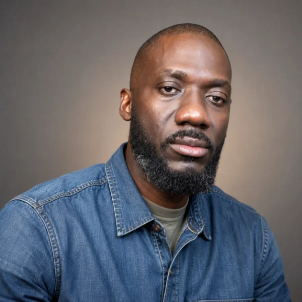 Christian M. Kaba, portrait in a denim shirt.